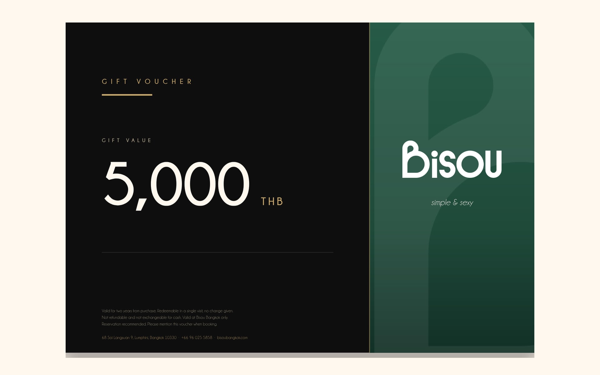 An example Bisou gift voucher card, a MICHELIN Selected French restaurant on Soi Langsuan in Bangkok, showing the gift value in Thai baht