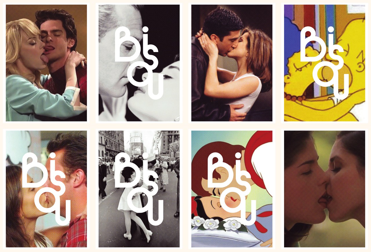 Bisou kiss wall, eight cinematic kiss panels with the Bisou letters overlaid