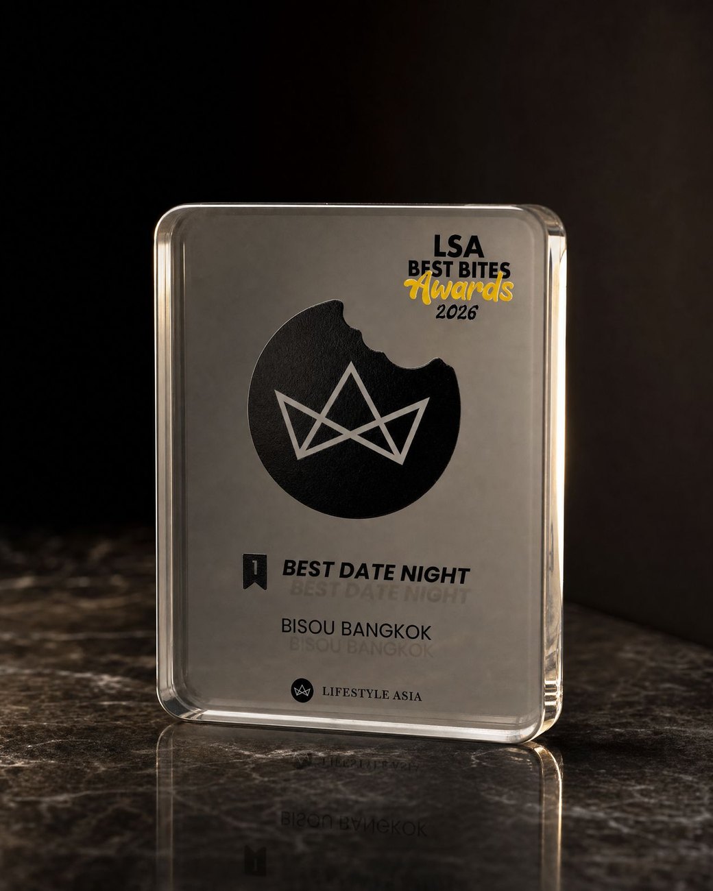 The Lifestyle Asia Best Bites Awards 2026 trophy for Best Date Night, awarded to Bisou Bangkok