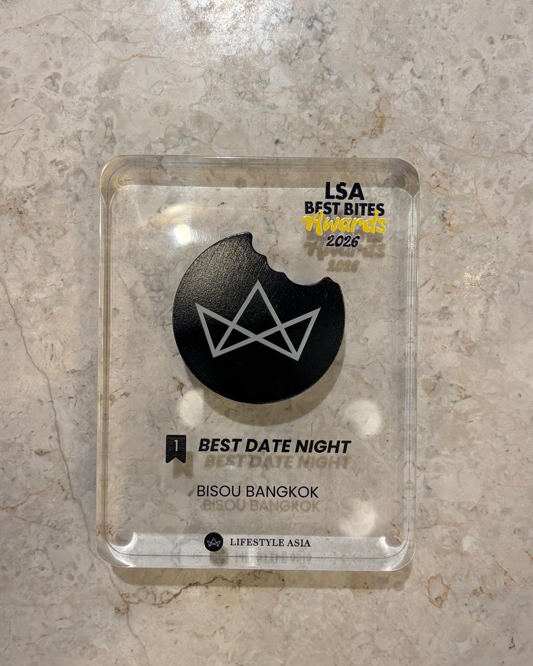 The Lifestyle Asia Best Bites Awards 2026 trophy for Best Date Night, awarded to Bisou Bangkok
