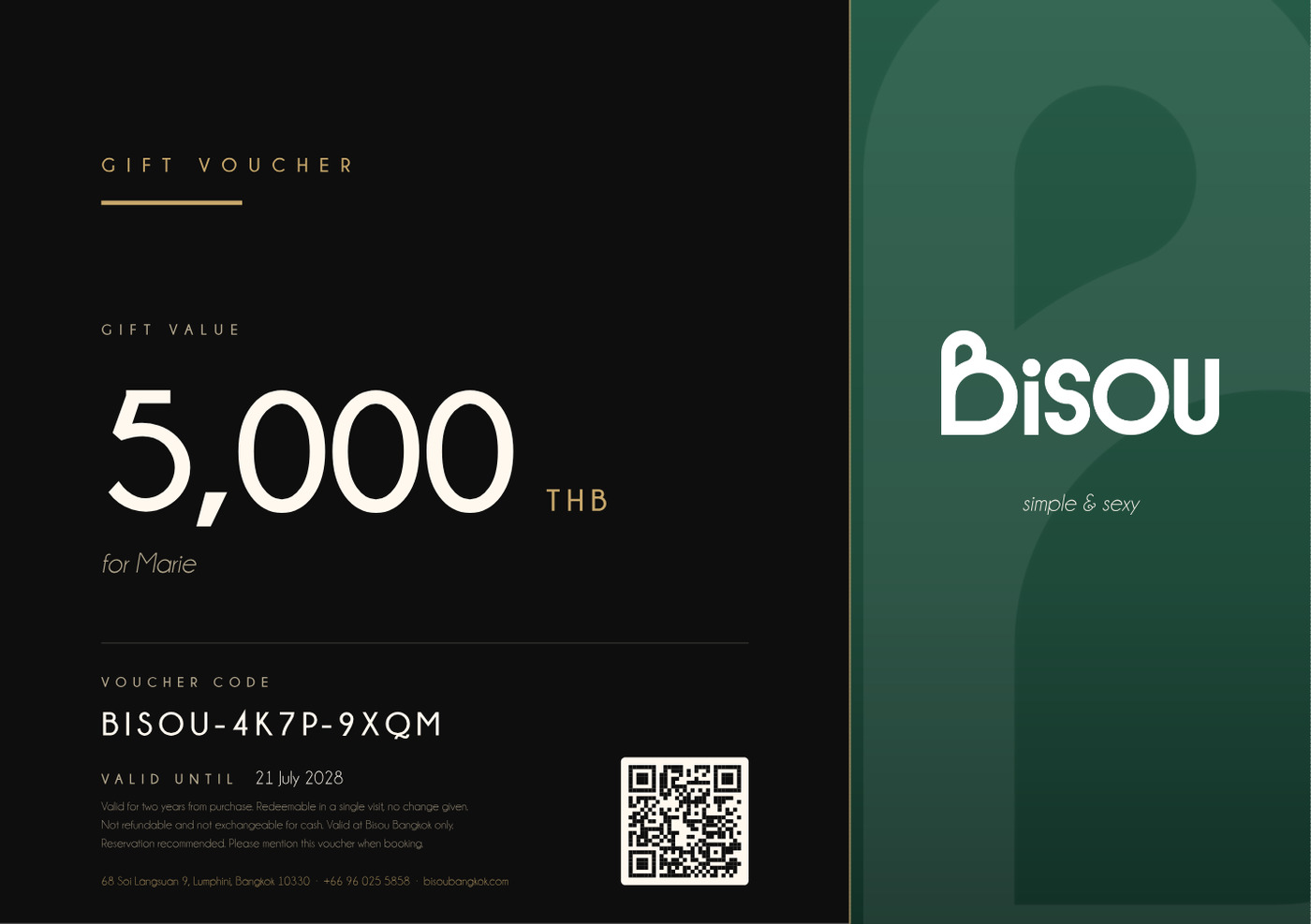 A Bisou gift voucher: black and green card showing the amount, the recipient's name, the code and the expiry date